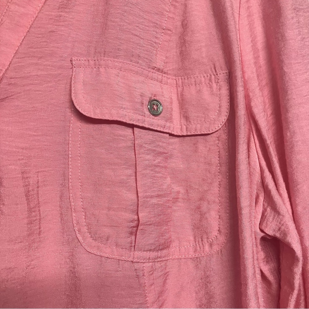 Roz & Ali XL Pink Utility Blouse Roll Tab Sleeve Button Up Top - Picture 6 of 7